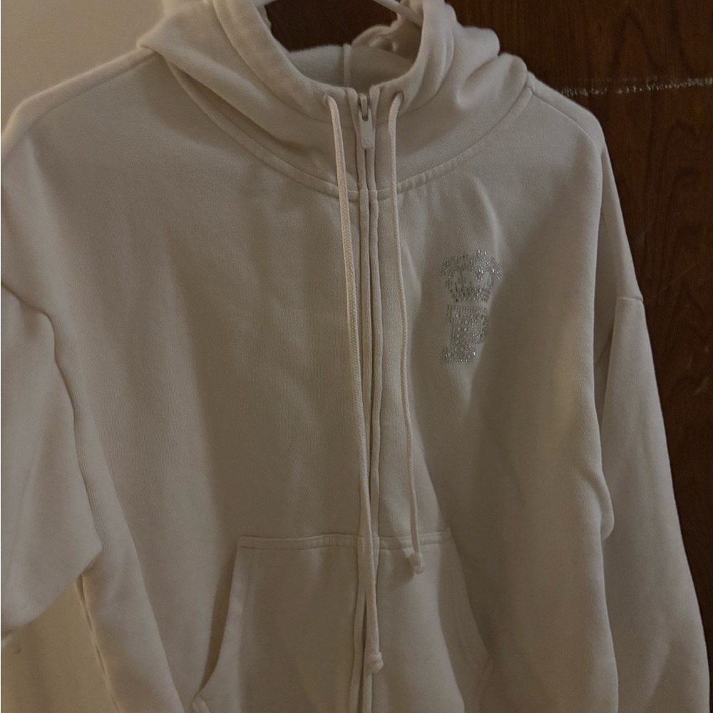 PINK White Hoodie with Rhinestone Logo
